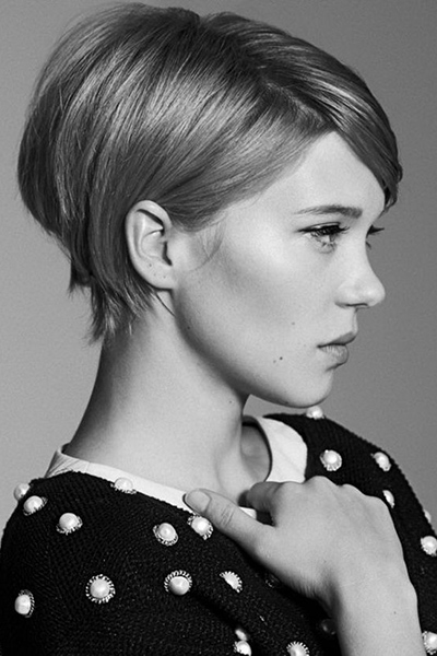 A short cropped bob with long bangs and volume