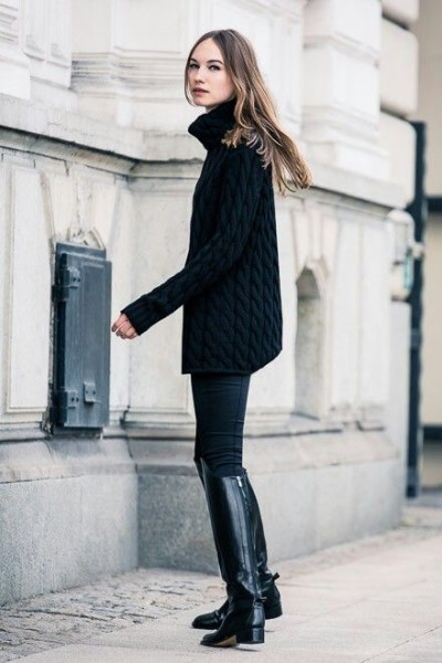 Black oversize turtleneck sweater, skinny black leggings, knee high black riding boots with low heel