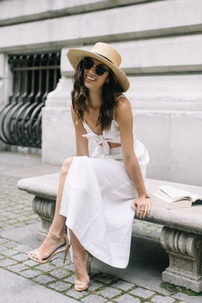 straw boater hat + white sundress