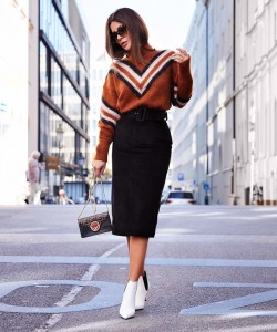 Chic up your collegiate classics a la @shortstoriesandskirts' pencil skirt and white booties