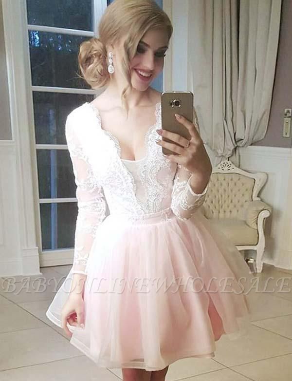 Elegant Tulle A-Line Lace V-Neck Long Sleeves Mini Prom Dress