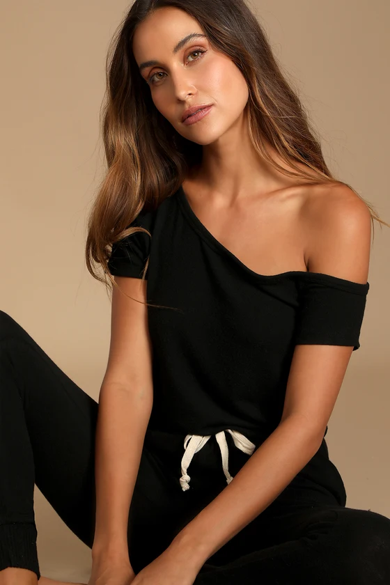 Relaxing Weekend Black Off-the-Shoulder Lounge Jumpsuit