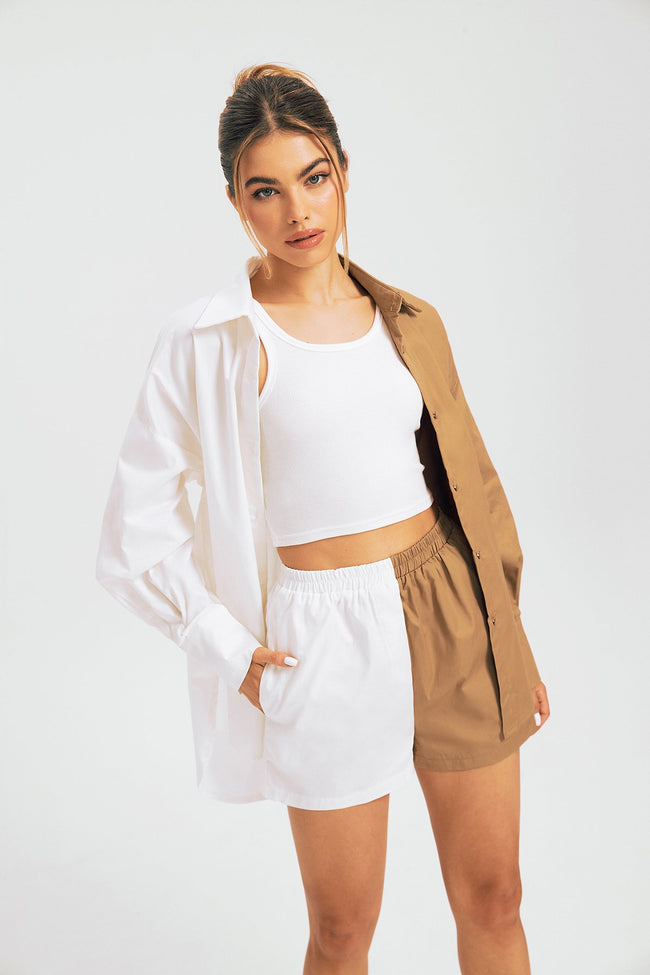 Lapel Neck Long Sleeve Shirt & Two Tone Shorts Set Without Tank Top