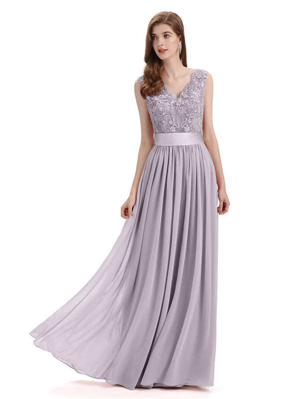 Elegant A-Line V-Neck Lace Chiffon Long Bridesmaid Dresses   