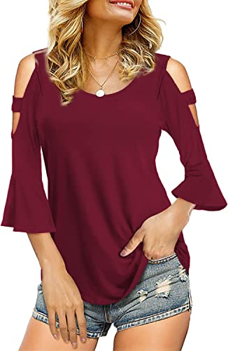 Florboom Womens Cold Shoulder Top Basic T Shirts 3/4 Sleeve Casual Blouse Tshirts- Beli di sini