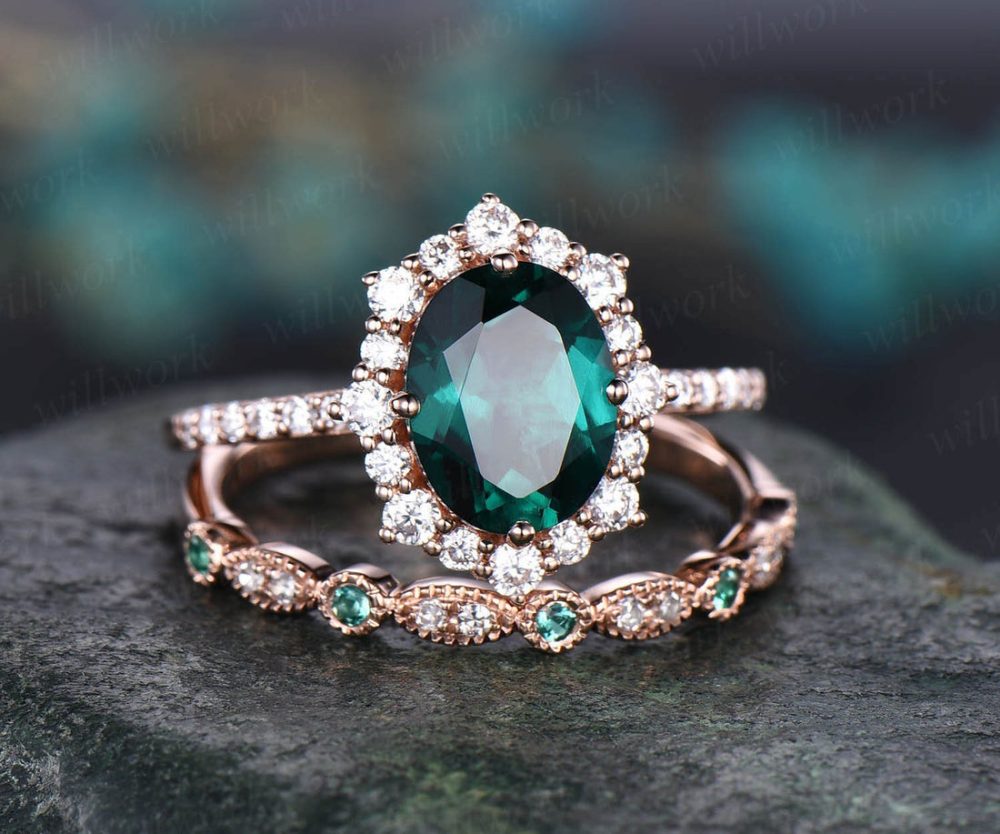 7x9mm oval green emerald engagement ring set rose gold moissanite halo May birthstone 2pcs natural emerald diamond wedding bridal ring set
