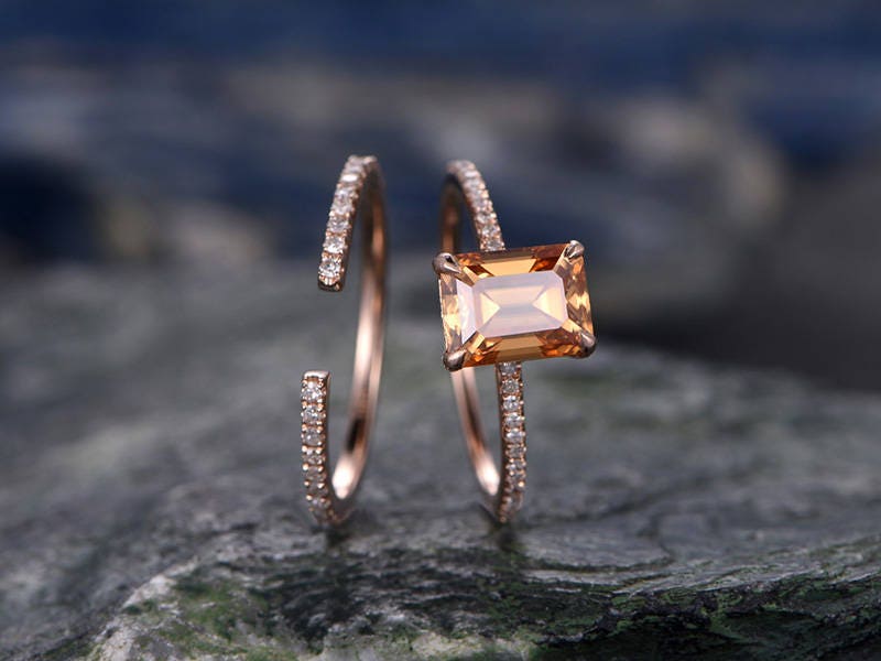 Citrine engagement ring set-Solid 14k rose gold-handmade Diamond Wedding ring-2PC Stacking ring-6x8mm emerald cut gemstone-yellow birthstone
