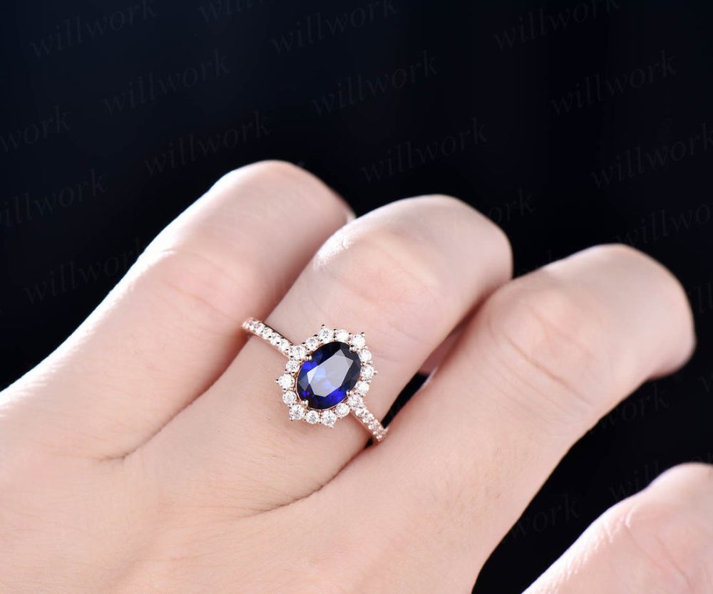 6x8mm oval cut blue sapphire engagement ring white rose gold moissanite halo vintage for women her vintage antique bridal wedding ring band