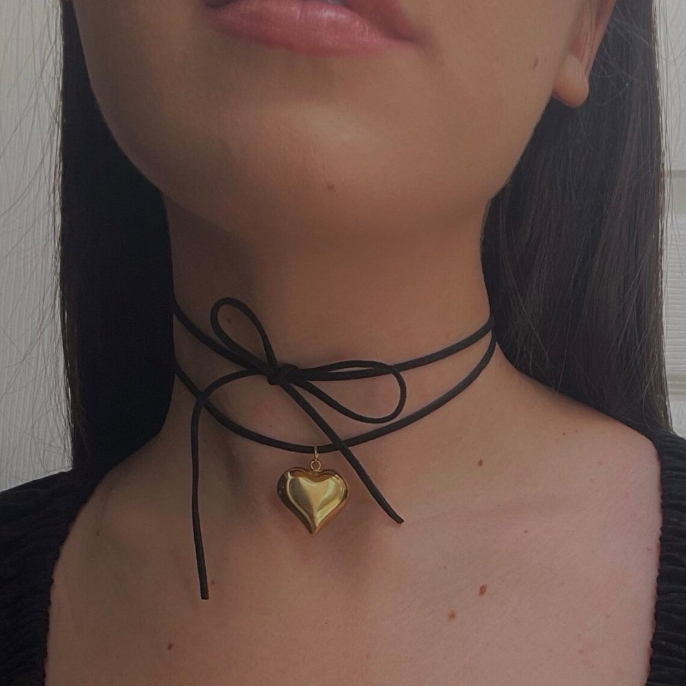 Gold Silver Puffy Heart Leather Black Suede Cord Necklace