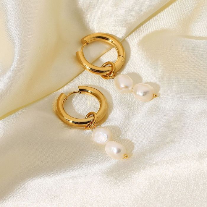 Double Freshwater Pearl Women's Stainless Steel Drop Earrings